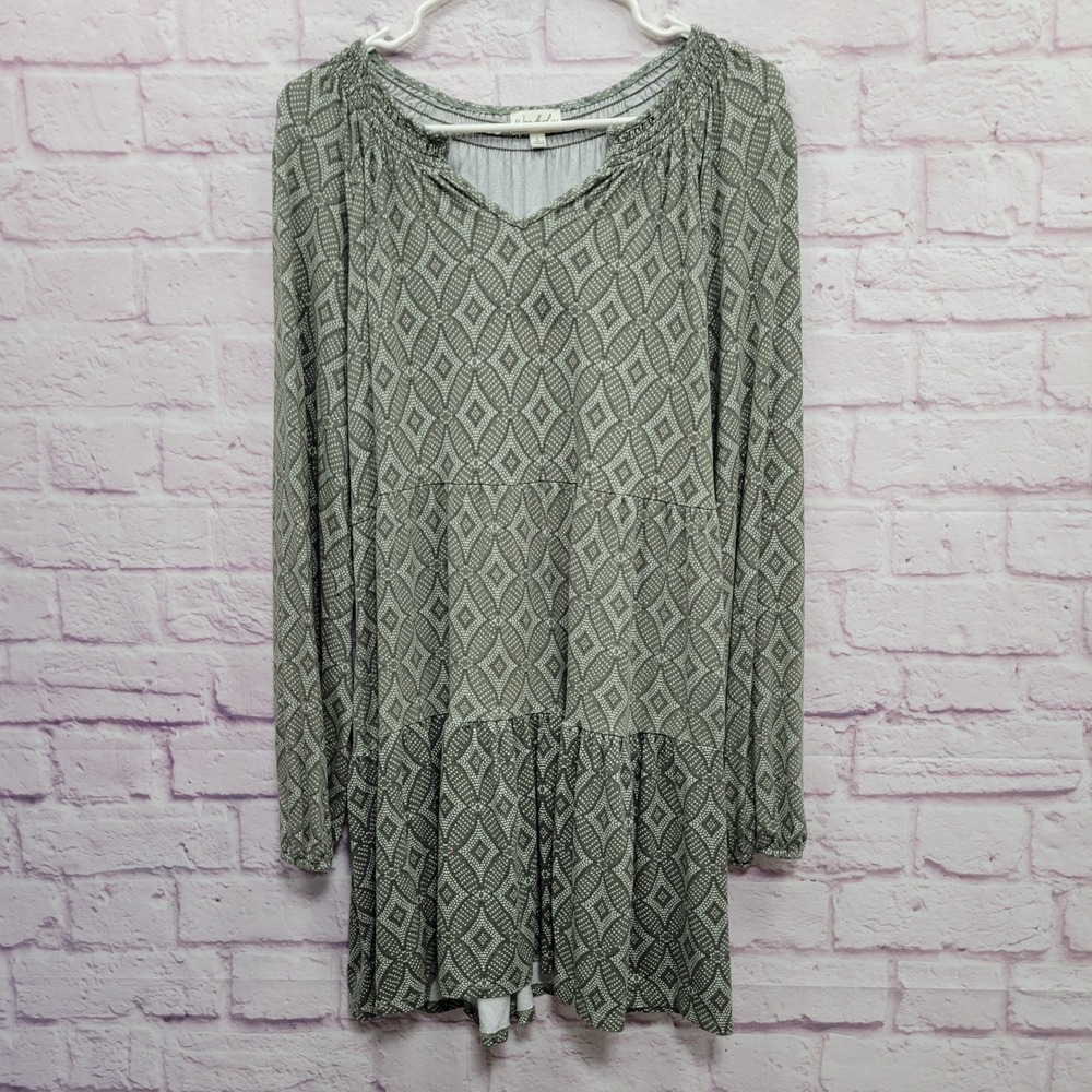 Wonderly Boho Geometric Tunic Blouse L Tiered Green Cottagecore Hippie Indie‎